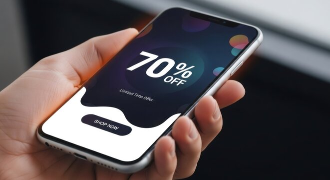 Woman holding smartphone displaying 70% off sale promotion. Mobile e-commerce discount app concept. Digital marketing strategy for online shopping and customer engagement.
