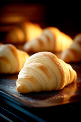 Freshly baked croissant in oven with warm golden crust

