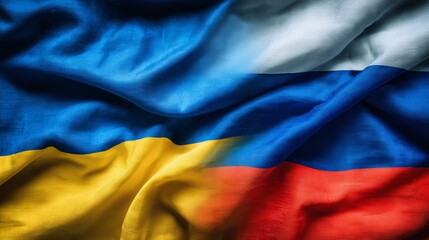 Interwoven flags of ukraine and russia – symbolic representation of conflict and unity