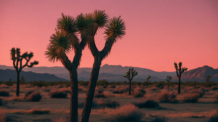 Joshua trees at sunset in the desert, creating a serene and picturesque landscape, perfect for travel and nature photography projects