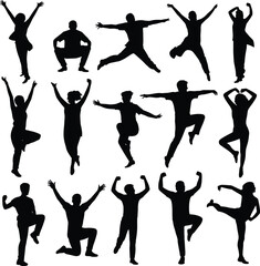 Black silhouette people dancing and exercising, expressive poses, human body movement illustration set, fitness, energy, lifestyle, motion, performance design