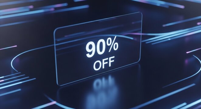 Digital discount banner showing 90 percent off in futuristic style. Neon blue light trails on dark background. Online sale promotion concept for e-commerce and retail marketing