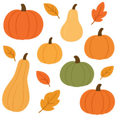Autumn vector set with pumpkins, pears and colorful fall leaves. Seasonal flat illustration ideal for harvest festival, Thanksgiving, Halloween and autumn decoration.