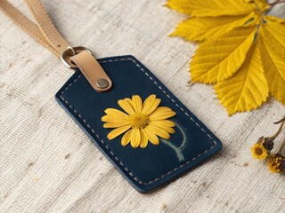 Handcrafted dark blue leather luggage tag adorned with a vibrant yellow pressed flower and autumn leaves
