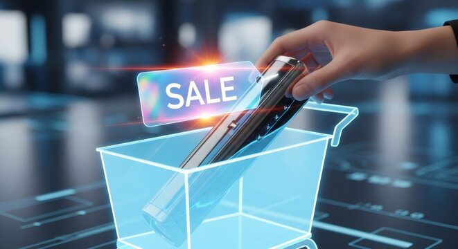 Virtual shopping cart with holographic sale sign and human hand. E-commerce concept. Online retail, digital marketing, cyber monday, black friday discount