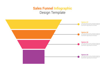 Marketing sales funnel infographic design with 4 levels, business presentation, strategy, and plan