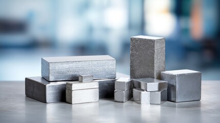 A collection of metallic blocks of varying sizes and shapes on a metallic surface.
