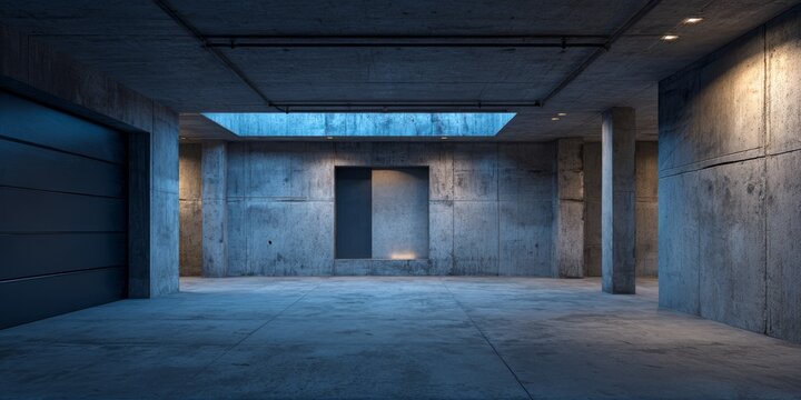 Modern minimalist concrete interior with skylight and industrial design elements - Powered by Adobe