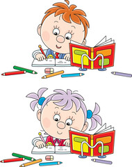 Funny little schoolgirl and schoolboy reading their textbooks and writing a test in exercise books at a lesson in a classroom of a primary school, vector cartoon illustration on a white background