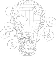 Funny cartoony schoolbag flying with a school air balloon globe, friendly smiling and waving in greeting, black and white outline vector illustration for a coloring book