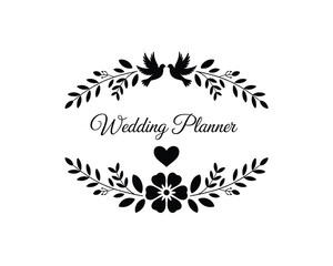 Elegant Wedding Planner Design with Dove and Floral Accents: A Black and White Vector Graphic Ideal for Branding and Promotion.