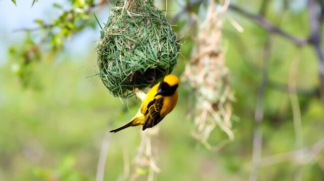 Yellow Weaver Bird Building Nest in Nature.