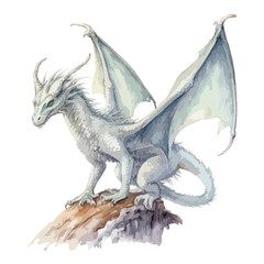 Fototapeta premium Majestic Ice Dragon Perched on Weathered Rock Wings Spread Wide