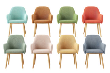 Colorful modern armchairs set with wooden legs, cut out