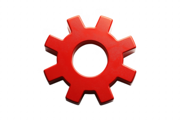 Vibrant red gear symbol centered against a background representing settings and engineering