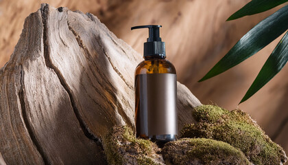 Organic Skincare Bottle Resting Between Roots And Natural Rock