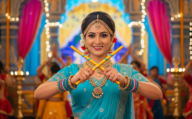 Obraz premium Beautiful woman in colorful Navratri attire flaunting traditional festive look