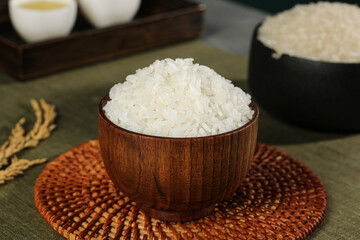 Long Grain White Rice in Wooden Bowl - Premium Agricultural Food Product Display