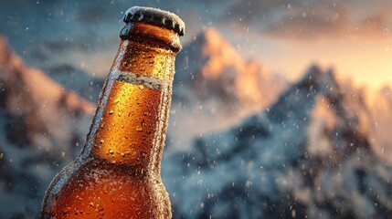 Frosty beer bottle with snow-capped mountain background at sunset