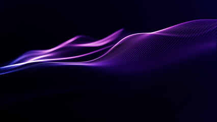 Abstract purple glowing particle wave with luminous neon light flowing smoothly on futuristic dark background.