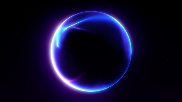 A glowing futuristic abstract blue energy sphere with smooth neon light lines on dark background, high tech digital design concept.