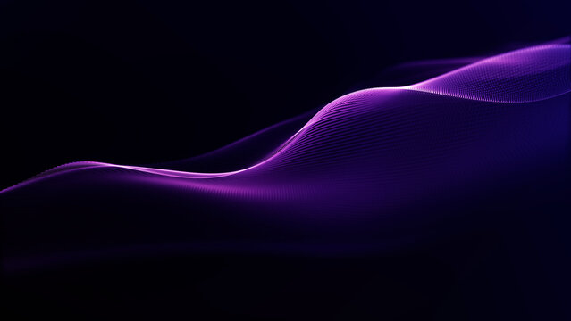Smooth flowing abstract purple neon wave made of luminous particles on futuristic dark background.