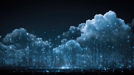 A digital cloud with glowing blue particles and a dark background.