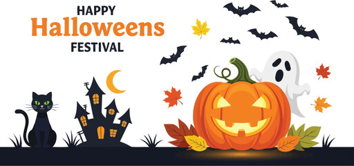 Celebrate Halloween with spooky pumpkin, cat, and haunted house