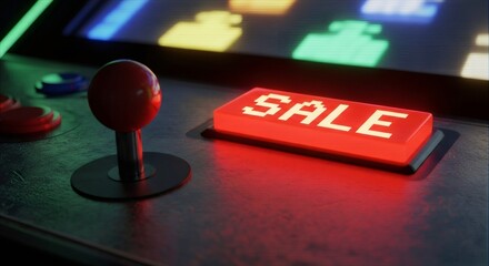 Illuminated red sale button on arcade machine control panel. Retro gaming and discount concept. Neon lit joystick and buttons for video game nostalgia and promotional offer