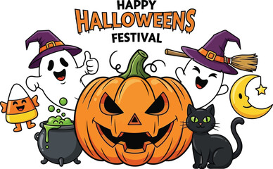 Spooky happy Halloween festival with ghosts and pumpkin fun