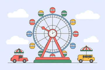 Fototapeta premium Ferris wheel and cars at amusement park isolated on white background the ferris wheel has colorful gondolas and a clock in the center