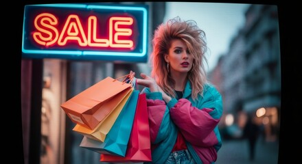 Woman with shopping bags under neon sale sign. Blonde in colorful 80s style outfit on city street at night. Retro fashion, consumer culture, and urban lifestyle concept
