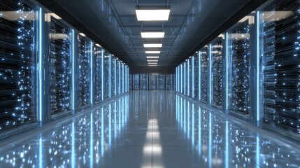 Futuristic data center interior with illuminated server racks