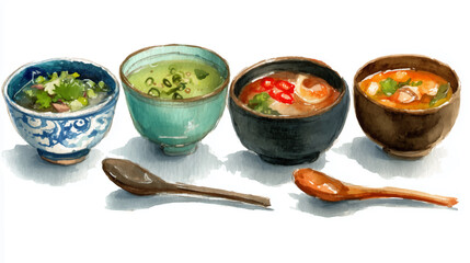 Vector illustration, set of Thai Tom Yum, watercolor painting, on white background