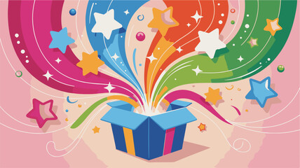 Open Blue Gift Box with Colorful Stars and Rainbow Streamers Exploding Outward vector illustration
