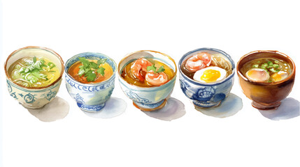 Vector illustration, set of Thai Tom Yum, watercolor painting, on white background