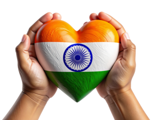Child hands holding heart painted with Indian flag patriotic symbol isolated on transparent background PNG