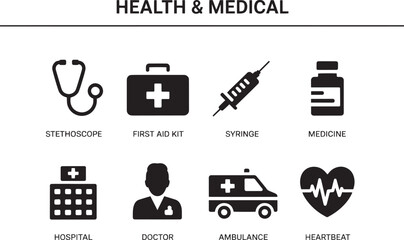 Collection of Silhouette Icons Representing Health and Medical Concepts for Digital and Print Applications