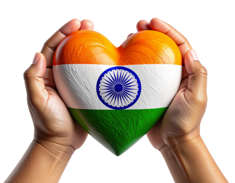 Child hands holding heart painted with Indian flag patriotic symbol isolated on transparent background PNG