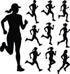 Black silhouette running people, athletic motion, jogging, sports activity, fitness training, dynamic movement illustration set, exercise, energy, lifestyle design