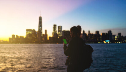 A young person in silhouette looks at a smartphone with a green screen, standing on the waterfront with a blurred cityscape and a vibrant sunset in the background.