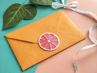 Bright orange envelope adorned with a citrus slice sticker and tied with ribbon