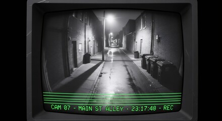 Night vision security camera footage of urban alley with timestamp. Surveillance system monitoring city street at night. Crime prevention and public safety concept.