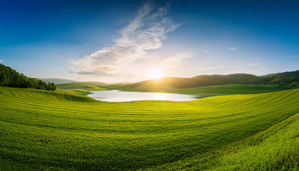 Peaceful Background Of Large Green Field And A Lake A Nice Setting To Enjoy The Cool Weather And Sun Shines