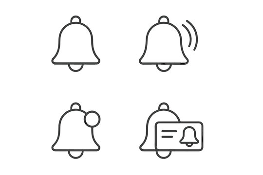 Notification bell line icon set. Ringing alert, new message, and subscription reminder symbols. Vector outline icons with editable stroke for web and mobile app UI.