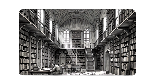 A detailed black and white illustration isolated on transparent background showcases a grand library interior, featuring towering bookshelves, a mezzanine level, and a scholar engrossed in study, capt