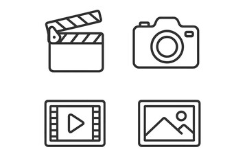 Photography and video production line icon set. Camera, clapperboard, movie play button, picture gallery symbols. Minimal outline pictogram collection for web. Editable stroke.