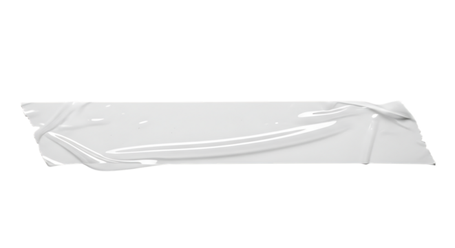 A single strip of clear adhesive tape, isolated on transparent background, featuring its glossy surface and slightly crumpled texture, perfect for adding a realistic touch to digital designs and mocku