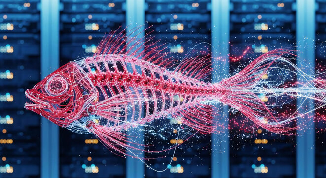 Abstract Digital Fish Data Flowing Through Server Racks in a Data Center - Powered by Adobe