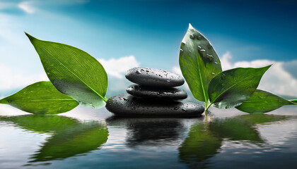 Serene Composition Of Smooth Black Stones And Vibrant Green Leaves In Tranquil Water Setting